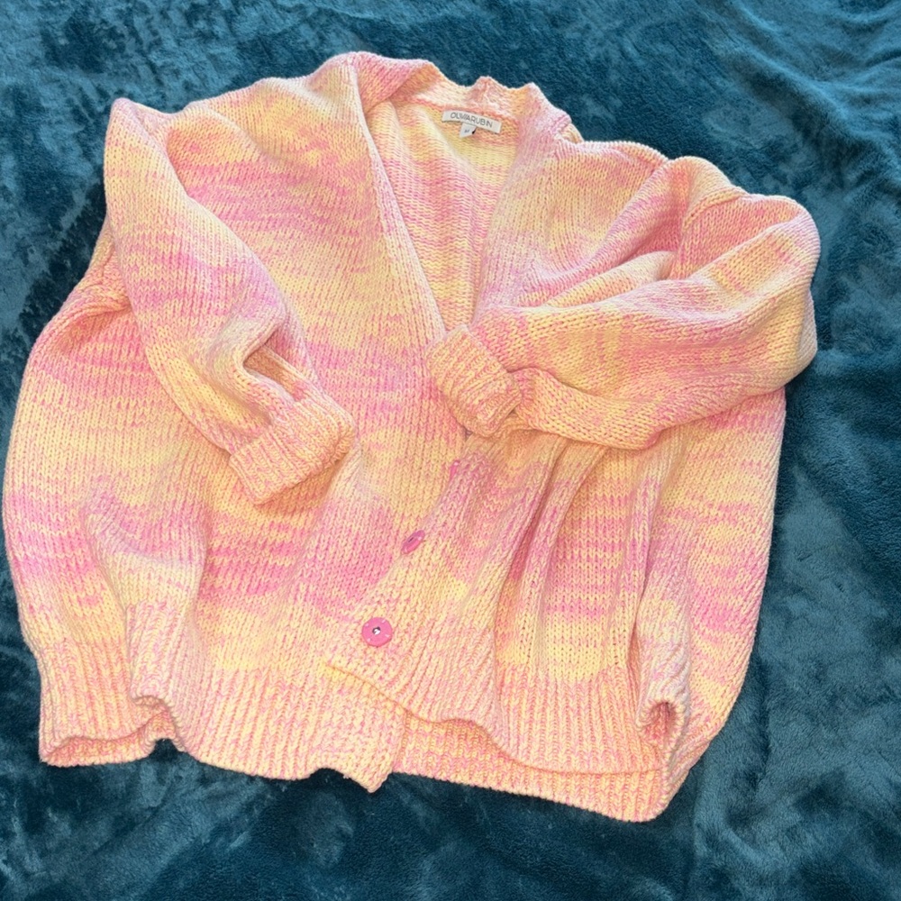 Pastel Pink & Cream Knit Cardigan Sweater Olivia Rubin medium